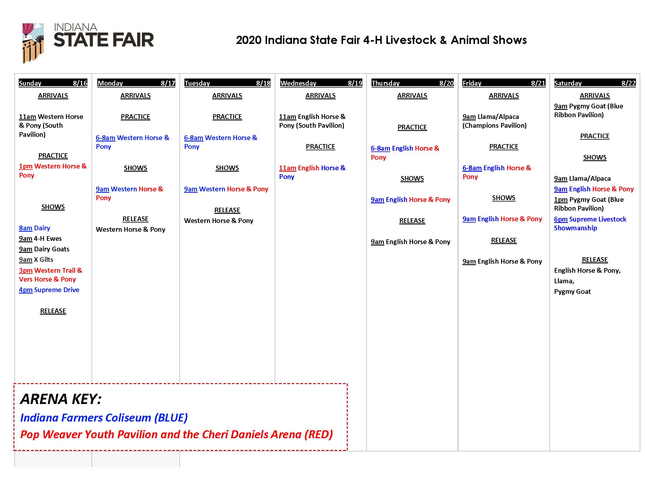 2020 Indiana State Fair 4H Livestock & Animal Shows Releases Schedule